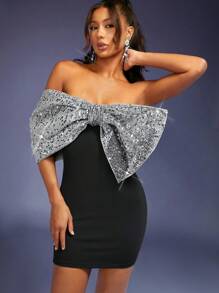 Hauture Big Bow Sequin Contrast Bodycon Dress - Black - View 3