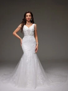 Vestido Formal De Cola De Sirena Con Encaje Y Espalda Baja - Blanco - Ver 1