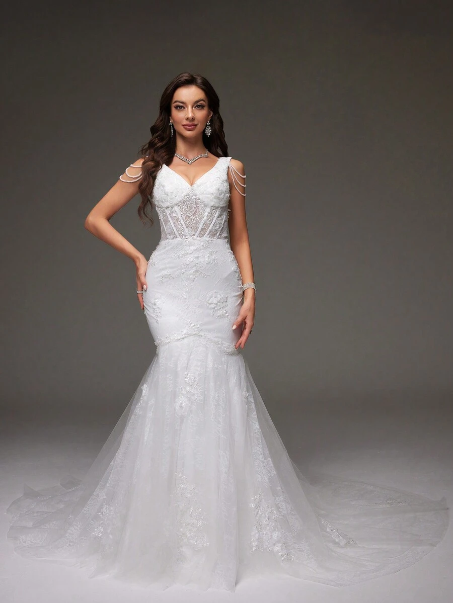 Vestido Formal De Cola De Sirena Con Encaje Y Espalda Baja - Blanco - Ver 1