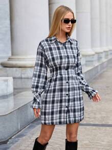 SHEIN Essnce Plaid Print Drop Shoulder Shirt Dress