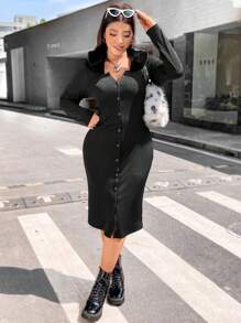 Flirla Plus Borg Collar Button Through Bodycon Dress - Black - View 3