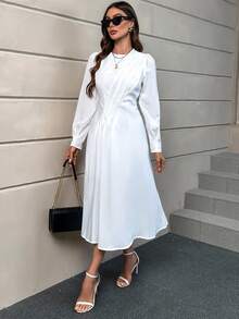 SHEIN Privé Solid Fold Pleated Detail A-line Dress - White - View 4