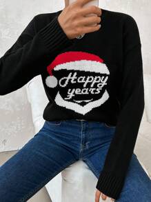 EURMUSE Christmas Pattern Drop Shoulder Sweater - Black - View 5