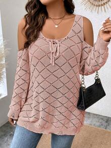 Calvaya Hơn Vai lạnh Lace lên phía trước Dệt kim chấm bi Áo len - Bụi hồng - Xem 4