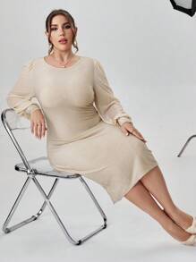 SHEIN Privé Plus 純色燈籠袖修身連身裙 - 卡其色 - 查看 1