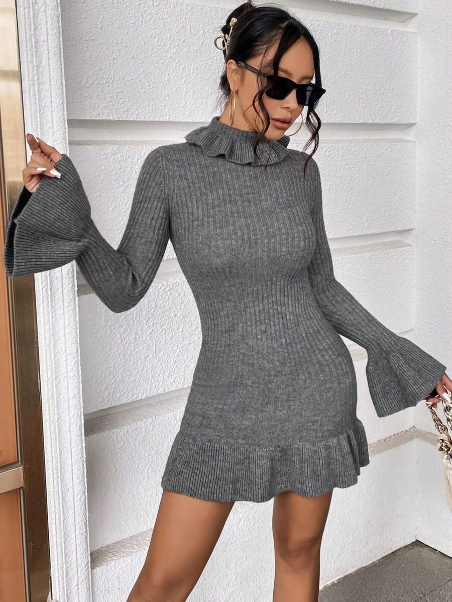 SHEIN Unity 小高領荷葉袖荷葉邊毛衣洋裝 - 灰色 - 查看 1