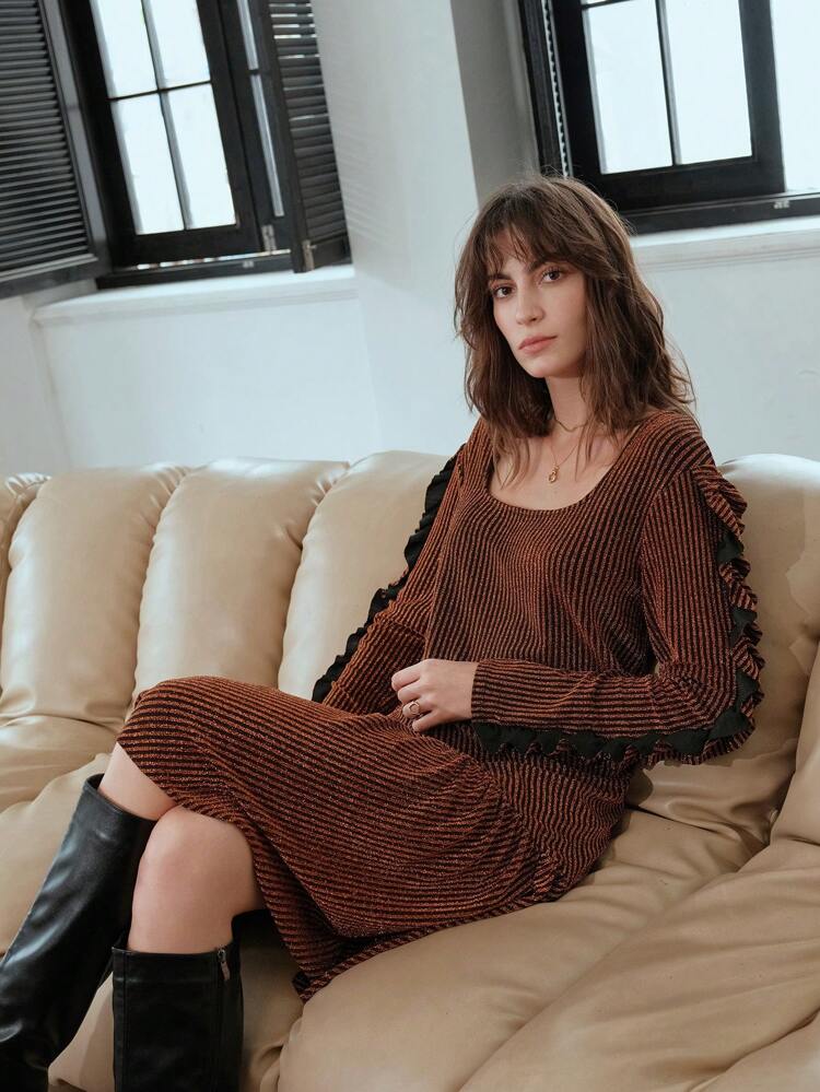 Scoop Neck Ruffle Trim Dress For Holiday Party Clothes Metallic Women Outfit