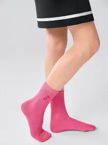 SHEIN 1pair Pink Double-needle Embroidery Mid-calf Socks