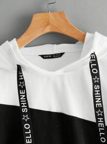 SHEIN EZwear Two Tone Letter Tape Drawstring Hoodie - Black - View 4