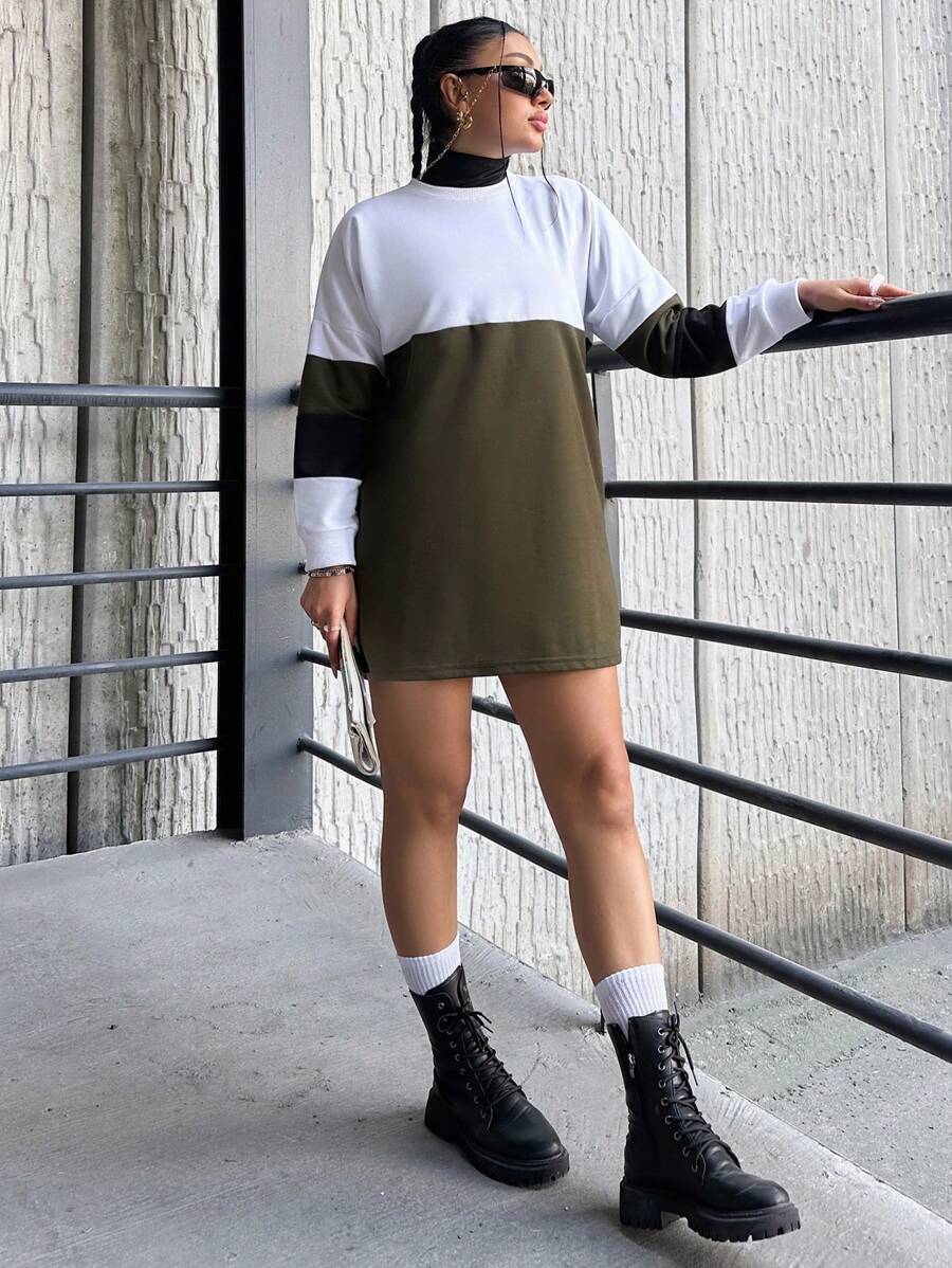 SHEIN Cottnline Plus Two Tone Drop Shoulder Dress - Multicolor - View 1