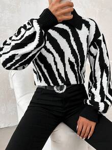 EURMUSE Zebra Striped Pattern Drop Shoulder Sweater - Black and White - View 4