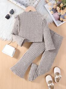 SHEIN Cô Gái Trẻ Viền Ruffle Cổ giả Áo thun & Quần ống loe - Xám - Xem 1