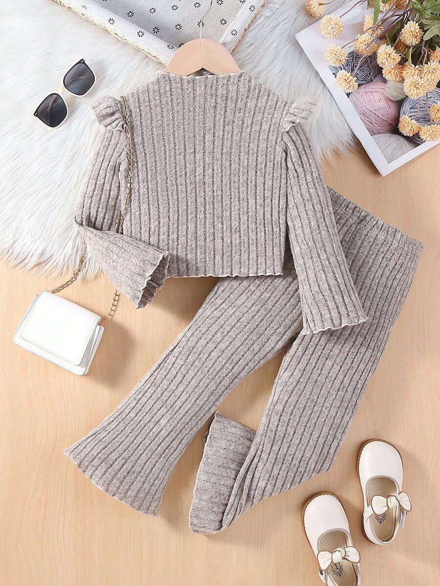 SHEIN Cô Gái Trẻ Viền Ruffle Cổ giả Áo thun & Quần ống loe - Xám - Xem 1