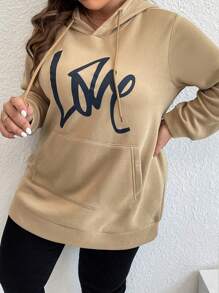 Plus Size Letter Graphic Pocket Drawstring Sweatshirt - Khaki - View 3