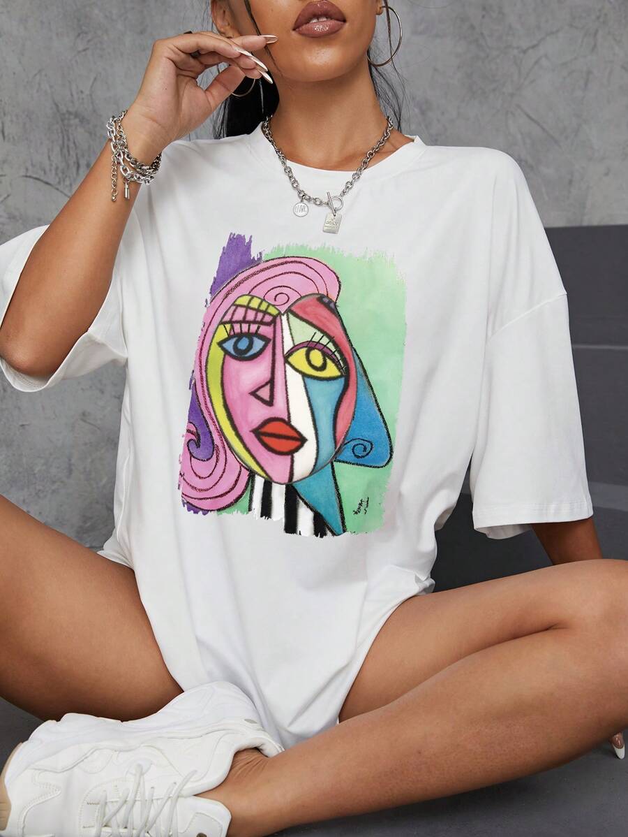 SHEIN EZwear 人像圖案落肩T恤 - 白色 - 查看 1