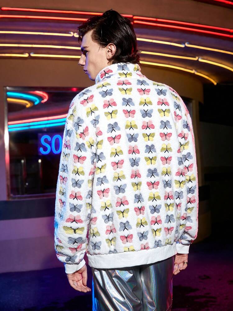 Loose Fit Men's Butterfly Print Zip Up Jacket