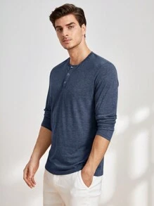 GENTILAND Nam Chất rắn Nút Nửa Mặt trước Áo thun - Màu xanh lam - Xem 1