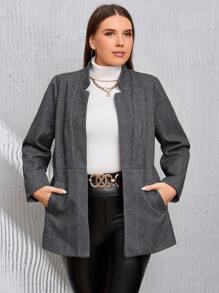 SHEIN LUNE Talla grande Abrigo espina de pescado con parte delantera abierta - Negro - Ver 3