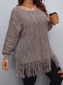 SHEIN CURVE+ 大碼段染流蘇下擺落肩袖套頭毛衣 - 彩色 - 查看 3