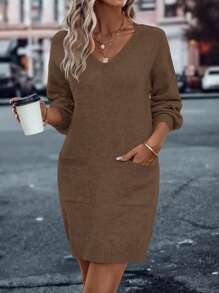EMERY ROSE Dual Pocket Drop Shoulder Sweater Dress - Mocha Brown - View 1