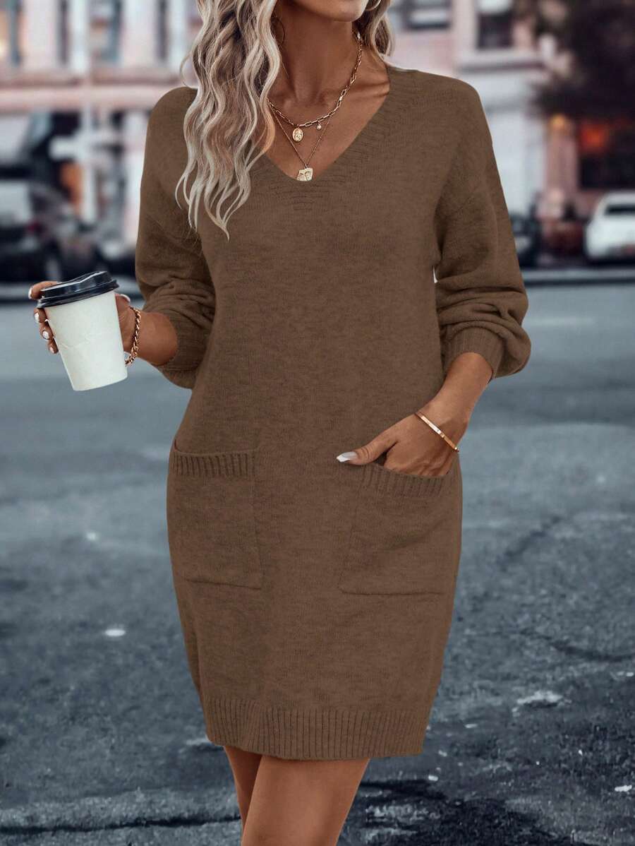 EMERY ROSE Dual Pocket Drop Shoulder Sweater Dress - Mocha Brown - View 1