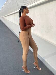 SHEIN SXY Color Block Patchwork Skinny Jumpsuit - Khaki - View 5