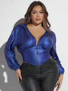 SHEIN SXY Plus Zip Up Drop Shoulder Hooded Crop Jacket - Blue - View 1