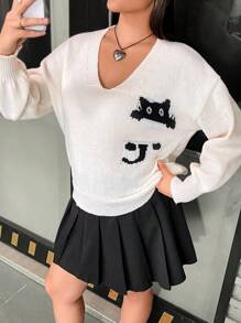 Flirla 卡通图案落肩针织套头衫秋冬毛衣 - 米色 - 查看 7