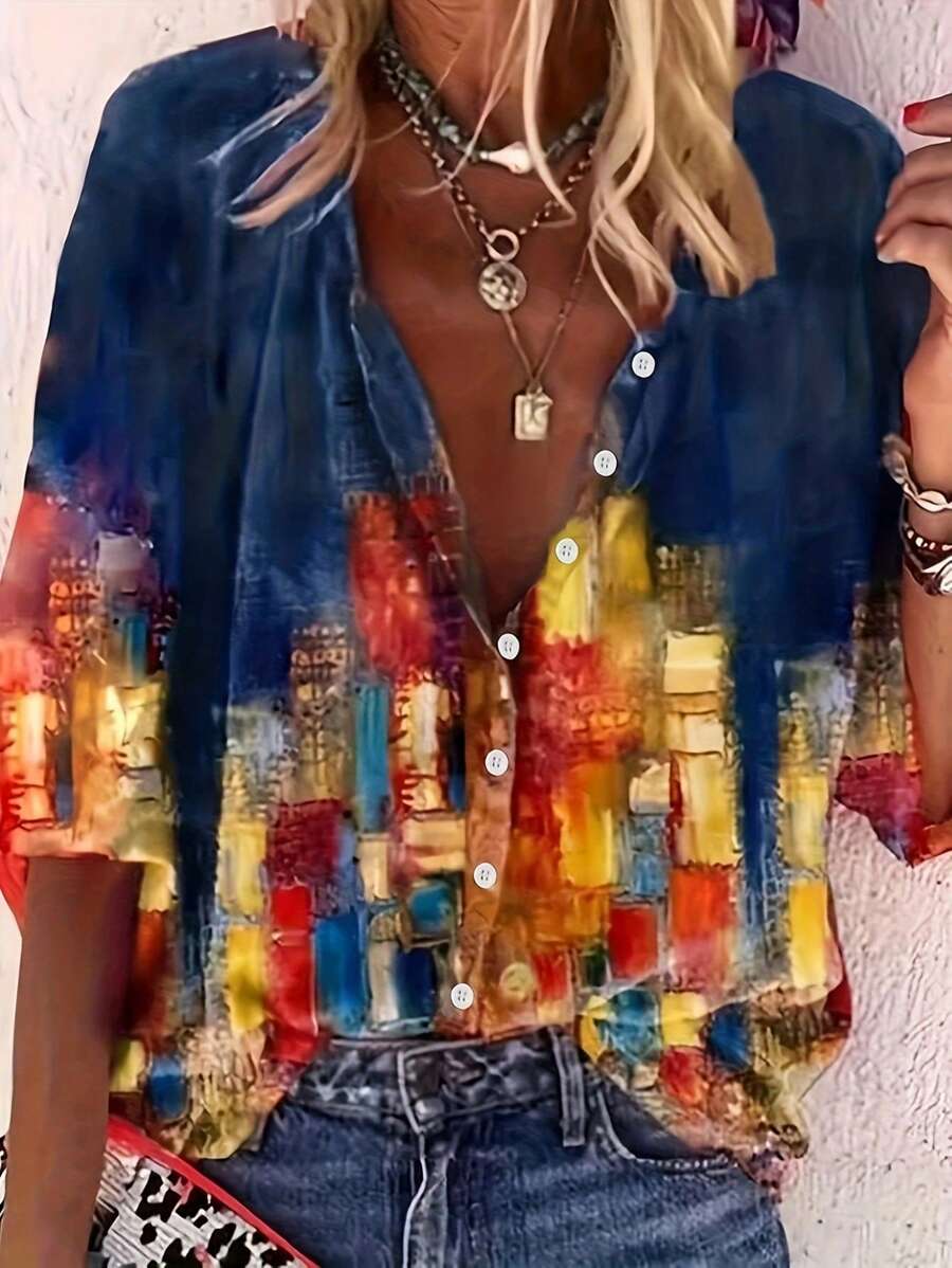 Áo sơ mi Plus Size Nút phía trước Giải trí - Màu xanh hải quân - Xem 1