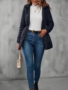 SHEIN LUNE Drawstring Waist Zip Up Quilted Padded Coat Clothes Winter - Royal Blue - View 4