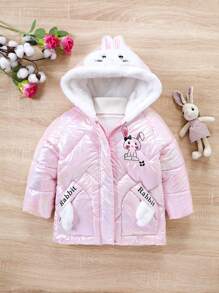 SHEIN Young Girl Rabbit Print 3D Ears Design Hooded Padded Coat Without Sweater - Pink - View 3