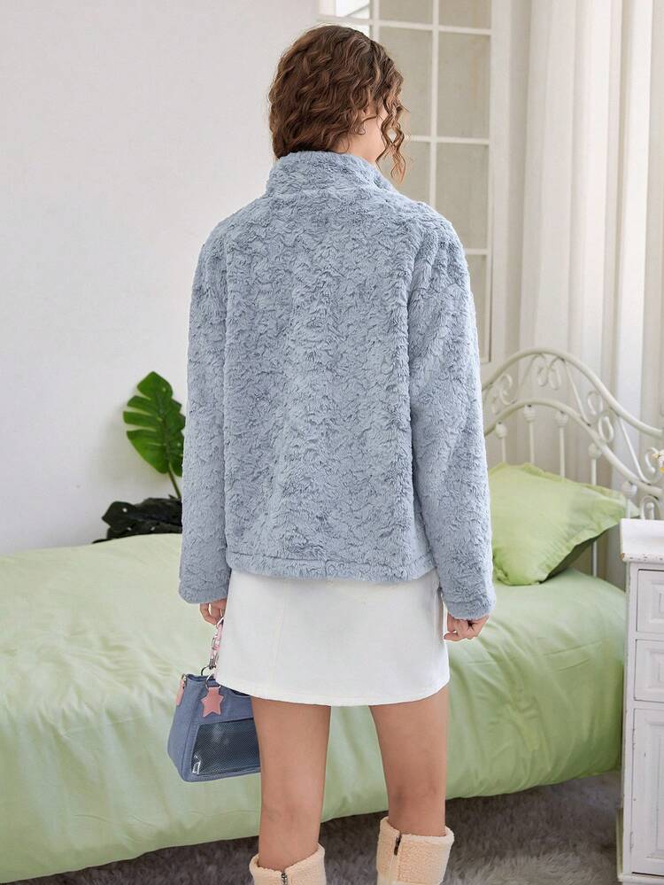 Star Pattern Drop Shoulder Fuzzy Coat