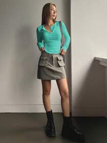 DAZY 纽扣前罗纹针织 T 恤，秋季服装，返校服装长袖女式上衣