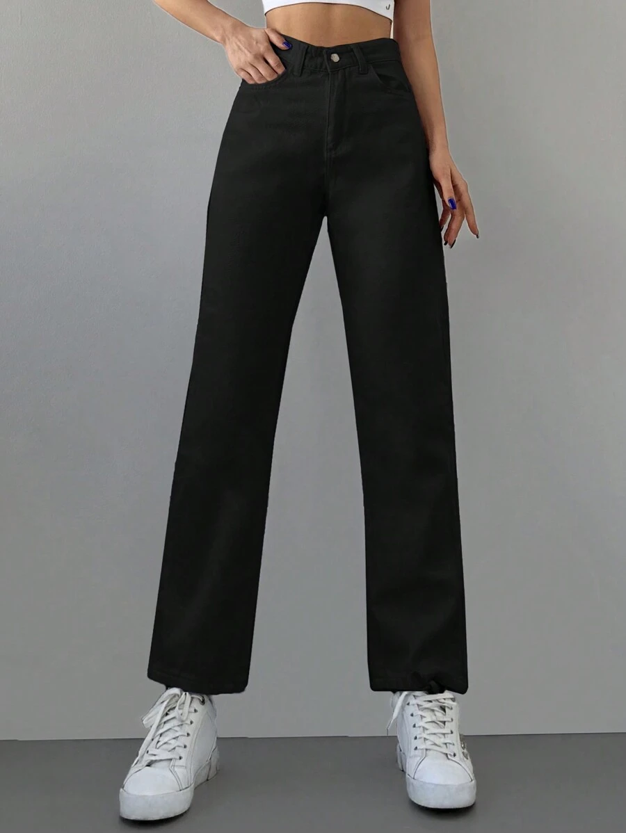 Cottnline Jeans de pierna recta unicolor - Negro - Ver 1
