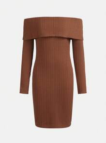SHEIN Teen Girls' Knitted Jacquard Off Shoulder Dress - Brown - View 1