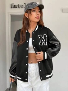 SHEIN EZwear Letter Patched Striped Trim Drop Shoulder Varsity Jacket - Black - View 3
