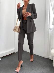SHEIN Traje De Un Botón Con Blazer De Cuello Chal - Gris Oscuro - Ver 4