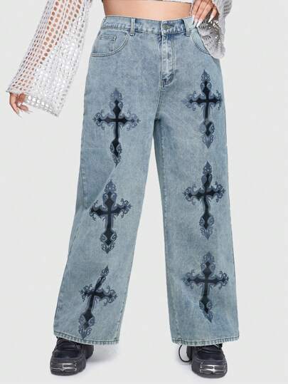 Grunge Punk Jeans De Talla Grande De Corte Recto Con Diseño De Patrón De Cruz