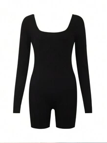 INAWLY Solid Scoop Neck Unitard Romper - Black - View 5