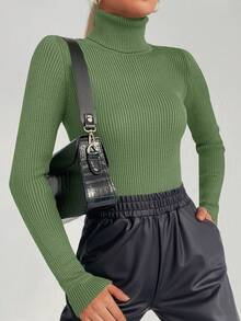 RueChic Women's Plain Simple Turtleneck Sweater Pullover - Green - View 4