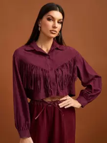 SHEIN Tall Fringe Trim Crop Jacket - Burgundy - View 4