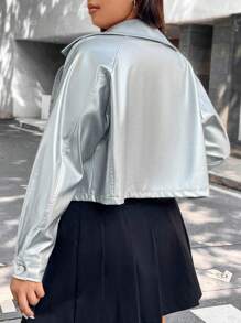 SHEIN Coolane Hơn Tay Raglan chất liệu da PU Áo khoác - Bạc - Xem 2