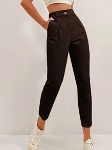 SHEIN Cottnline Solid Fold Pleated Carrot Pants - Brown - View 4