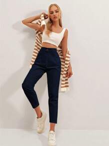 EURMUSE Fold Pleated Carrot Pants - Navy Blue - View 3