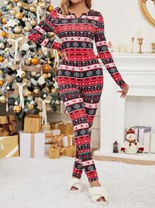 SHEIN LUNE 聖誕圖案缺口V領彈力緊身連體褲 - 彩色 - 查看 5