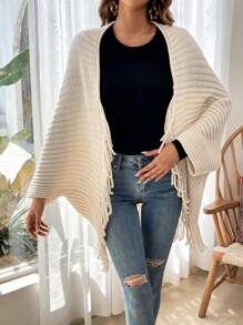 SHEIN VCAY Batwing Sleeve Fringe Trim Cardigan - Apricot - View 3