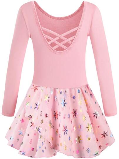 Young Girl Ballet Leotard Double Cross Back Long Sleeve Snowflake Hot Silver Dress Leotard for Ballerina