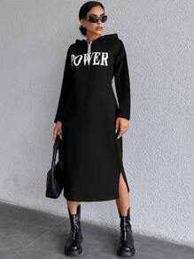 EURMUSE Letter Print Hoodie Loose Dress - Black - View 4