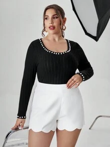 SHEIN Privé Hơn Ngọc trai đính cườm Scoop Cổ Áo thun - màu đen - Xem 6