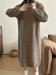 Solid Drop Shoulder Hooded Sweater Dress - Coffee Brown - View 1